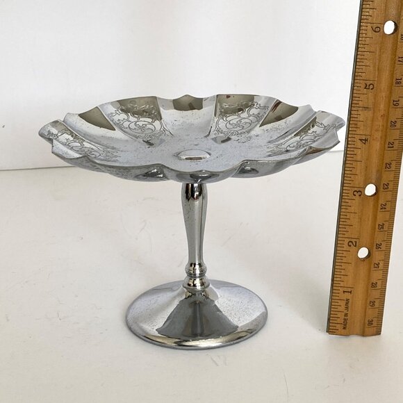 Farberware Krome Kraft Art Deco Pedestal Candy Dish Scalloped Chrome Plated Vtg - Picture 10 of 12